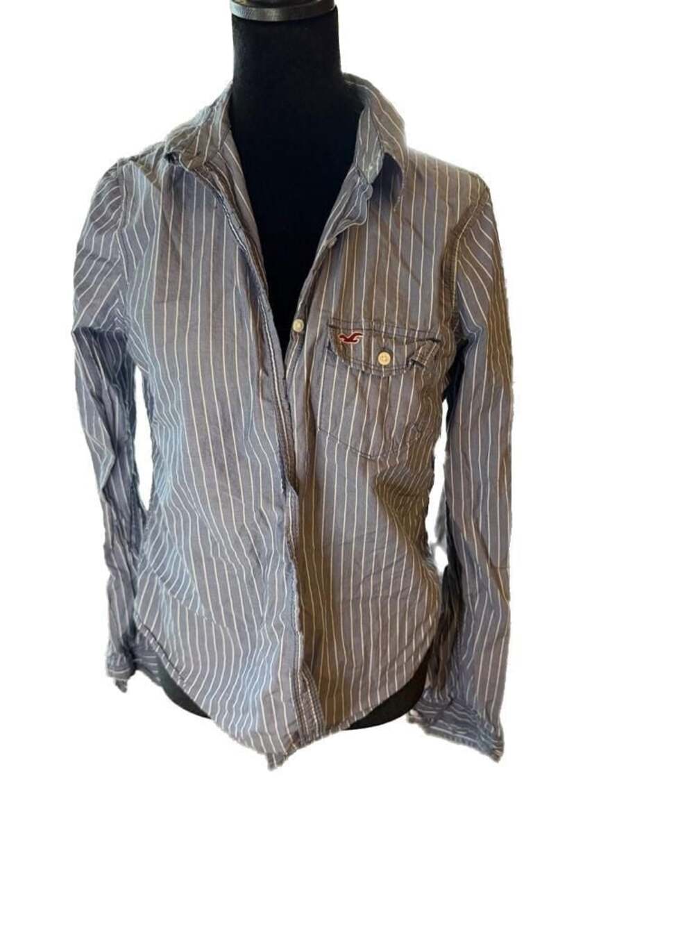 Hollister Women's Blue and White Striped Long Sleeve Button Down Shirt Size M